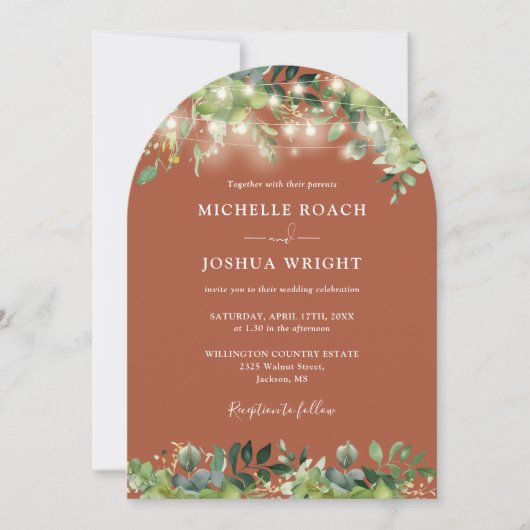 All in one Greenery Arch Lights Terracotta Wedding Einladung (Vorderseite)