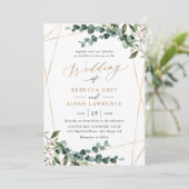 All-In-One Greenery Gold Geometric QR Code Wedding Einladung (Stehend Vorderseite)