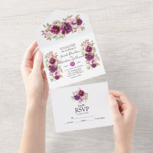 All-in-One-Hochzeitskarten Lila Weiße Blumen All In One Einladung