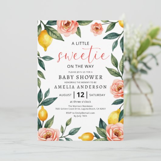 All in One Lemon Citrus Floral Summer Baby Dusche Einladung (Stehend Vorderseite)