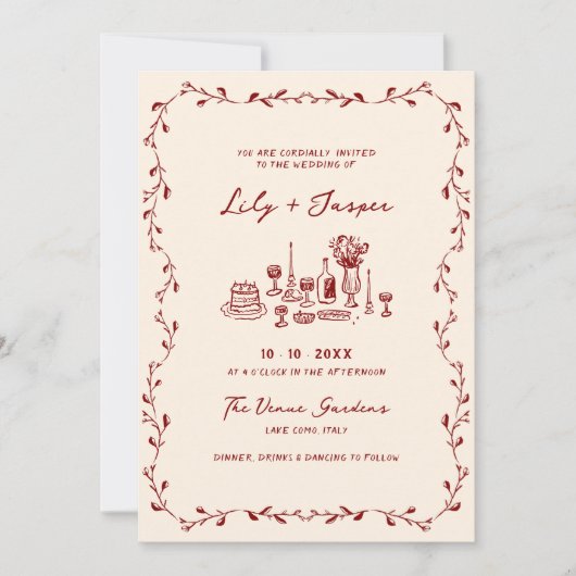 All in one maroon Hand gezeichnete QR-Code Hochzei Einladung (Vorderseite)