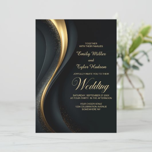 All in One Modern Black and Gold Wedding Einladung (Stehend Vorderseite)