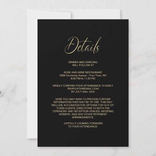 All in One Modern Black and Gold Wedding Einladung (Rückseite)