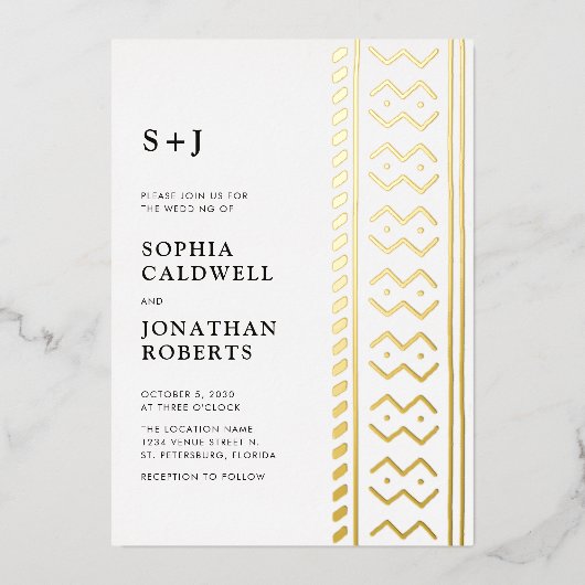 All in One Modern Boho Mudcloth Monogram Wedding Folieneinladung (Vorderseite)