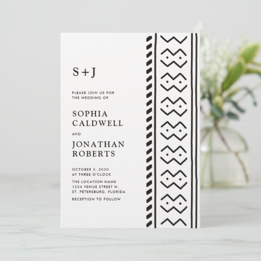 All in One Modern Boho Mudcloth Monogram Wedding I Einladung (Stehend Vorderseite)