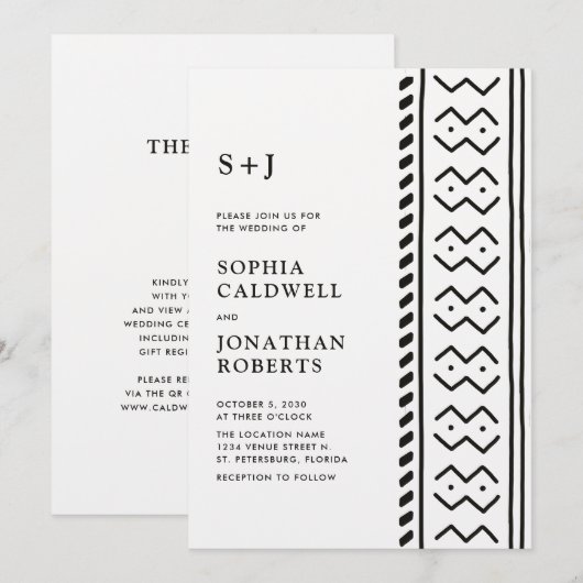 All in One Modern Boho Mudcloth Monogram Wedding I Einladung (Vorne/Hinten)