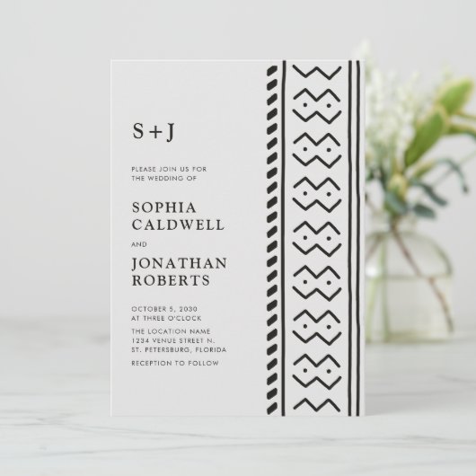 All in One Modern Boho Mudcloth Monogram Wedding I Einladung (Stehend Vorderseite)