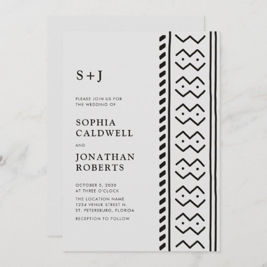 All in One Modern Boho Mudcloth Monogram Wedding I Einladung (Vorne/Hinten)