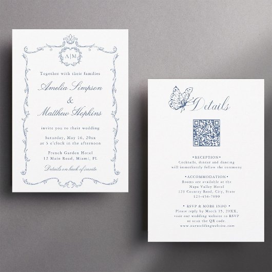 All in One Modern Classic French Wedding Blue Einladung