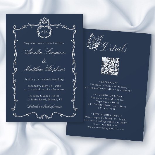 All in One Modern Classic French Wedding Navy Blue Einladung