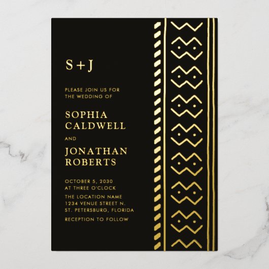 All in One Modern Mudcloth Monogram Wedding Gold Folieneinladung (Vorderseite)