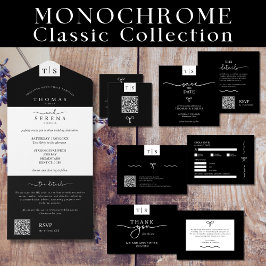 All in one monochrome Schwarz-weiße QR Code Weddin Einladung