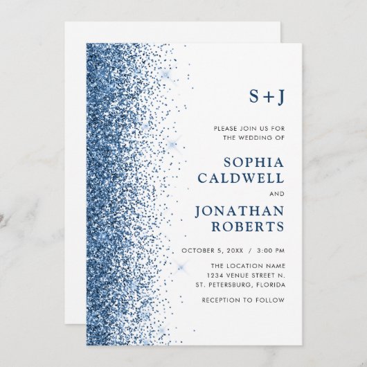 All in One Monogram Funkelnd Blue Glitzer Wedding Einladung (Vorne/Hinten)