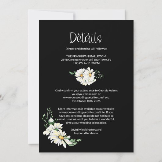 All in One Moody Black Daisies Wedding Invitation Einladung (Rückseite)