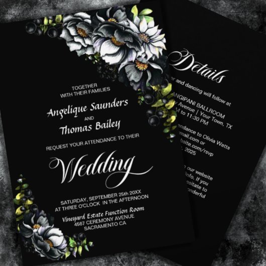 All In One Moody Black Floral Wedding Einladung