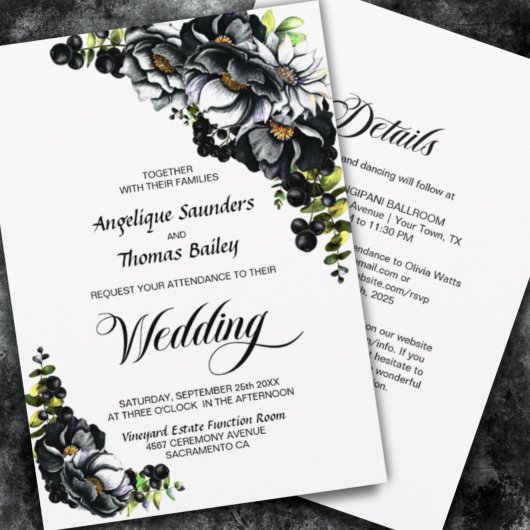 All in one moody Black Floral White Wedding Einladung