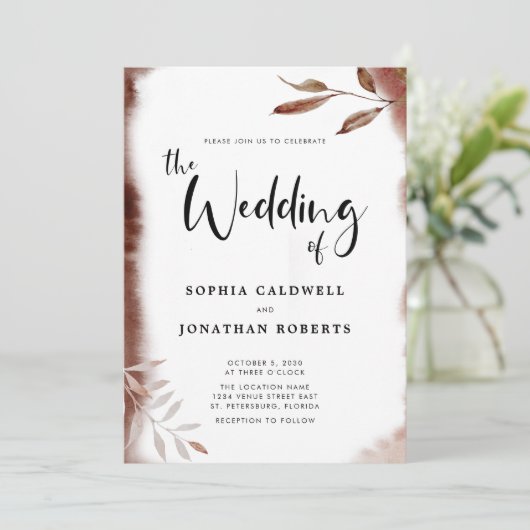 All in One Moody Fall Foliage Calligrafy Wedding Einladung (Stehend Vorderseite)