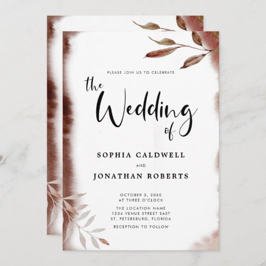 All in One Moody Fall Foliage Calligrafy Wedding Einladung (Vorne/Hinten)