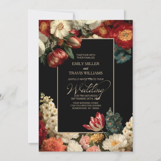 All in One Moody Floral Black Wedding Einladung (Vorderseite)