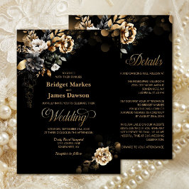 All in one Moody Gold Floral Black Wedding Einladung