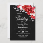 All in one Moody Rote Rose Floral Black Wedding Einladung (Vorderseite)