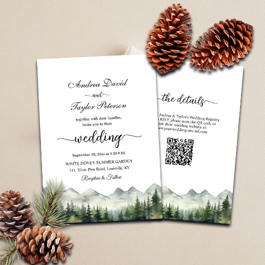 All in one Mountains and Pines QR Code Hochzeit Einladung