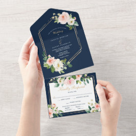 All in One Navy Blue Gold Blush Wedding Einladung