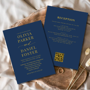 All in One Navy Blue Gold QR Code Hochzeit Einladung