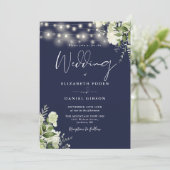 All in one Navy Blue Greenery Light Foto Hochzeit Einladung (Stehend Vorderseite)