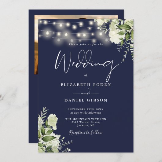 All in one Navy Blue Greenery Light Foto Hochzeit Einladung (Vorne/Hinten)