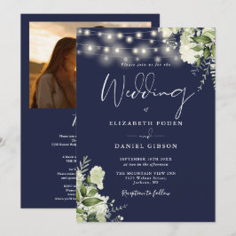 All in one Navy Blue Greenery Light Foto Hochzeit Einladung