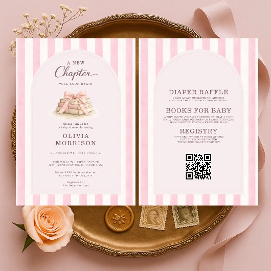 All in One New Chapter Begins Pink Bow Baby Shower Einladung