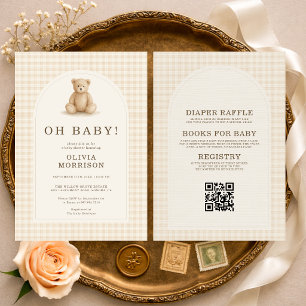 All in One Oh Baby Gingham Teddy Bear Babyparty Einladung