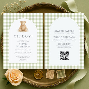 All in One Oh Boy Bär Salbei Gingham Babyparty Einladung