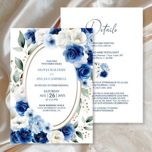 All in One Oval Blue Floral Wedding Einladung