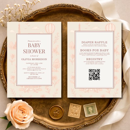 All in One Paris French Toile QR Code Baby Shower Einladung