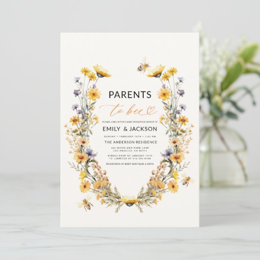 All in One Parters to Bee Wildblume Baby Shower Einladung (Stehend Vorderseite)