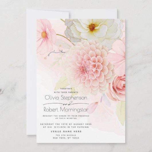 All in one Pastellrosa Blume Hochzeit Einladung (Vorderseite)
