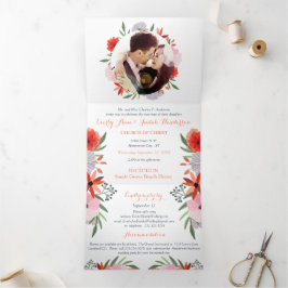 All in one Peachy Lavender Red Pink Floral Wedding Dreifach Gefaltete Einladung