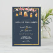 All in one Peonies Lanterns Navy Korallen Hochzeit Einladung (Stehend Vorderseite)