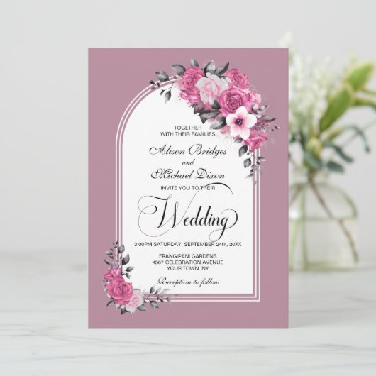 All In One Pink Floral Arch Dusty Rose Wedding Einladung (Stehend Vorderseite)