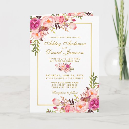 All in one pink floral Wedding Gold Einladung (Vorderseite)