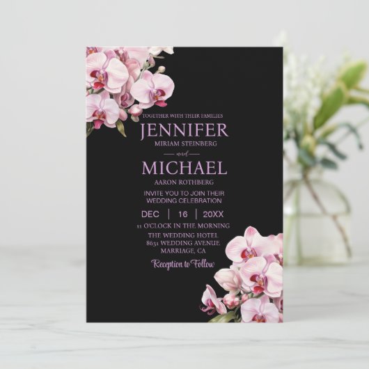 All in one Pink Orchids Black Wedding Einladungen (Stehend Vorderseite)