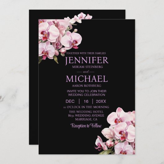 All in one Pink Orchids Black Wedding Einladungen (Vorne/Hinten)