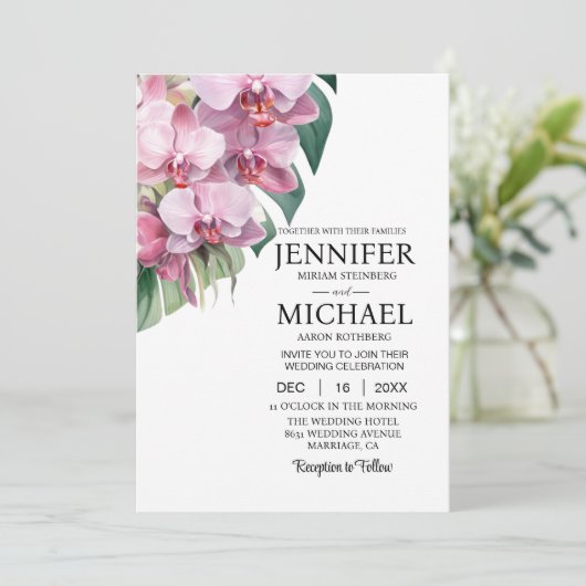 All in One Pink Orchids Hochzeitseinladungen Einladung (Stehend Vorderseite)