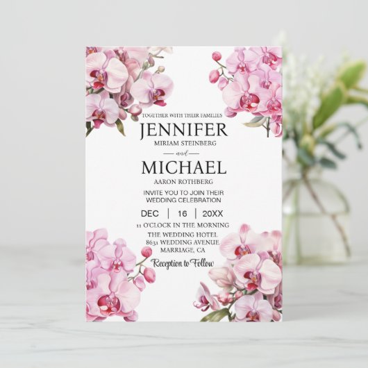 All in One Pink Orchids Hochzeitseinladungen Einladung (Stehend Vorderseite)