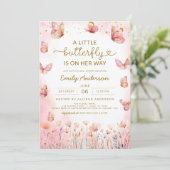 All in one QR Code Girl Pink Butterfly Baby Dusche Einladung (Stehend Vorderseite)