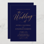 All in One QR Code Gold Calligraphy Navy Hochzeit Einladung (Vorne/Hinten)