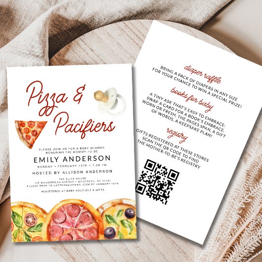 All in One QR Code Pizza & Schnullers Baby Shower Einladung