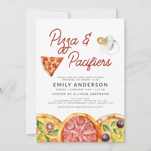 All in One QR Code Pizza & Schnullers Baby Shower Einladung (Vorderseite)